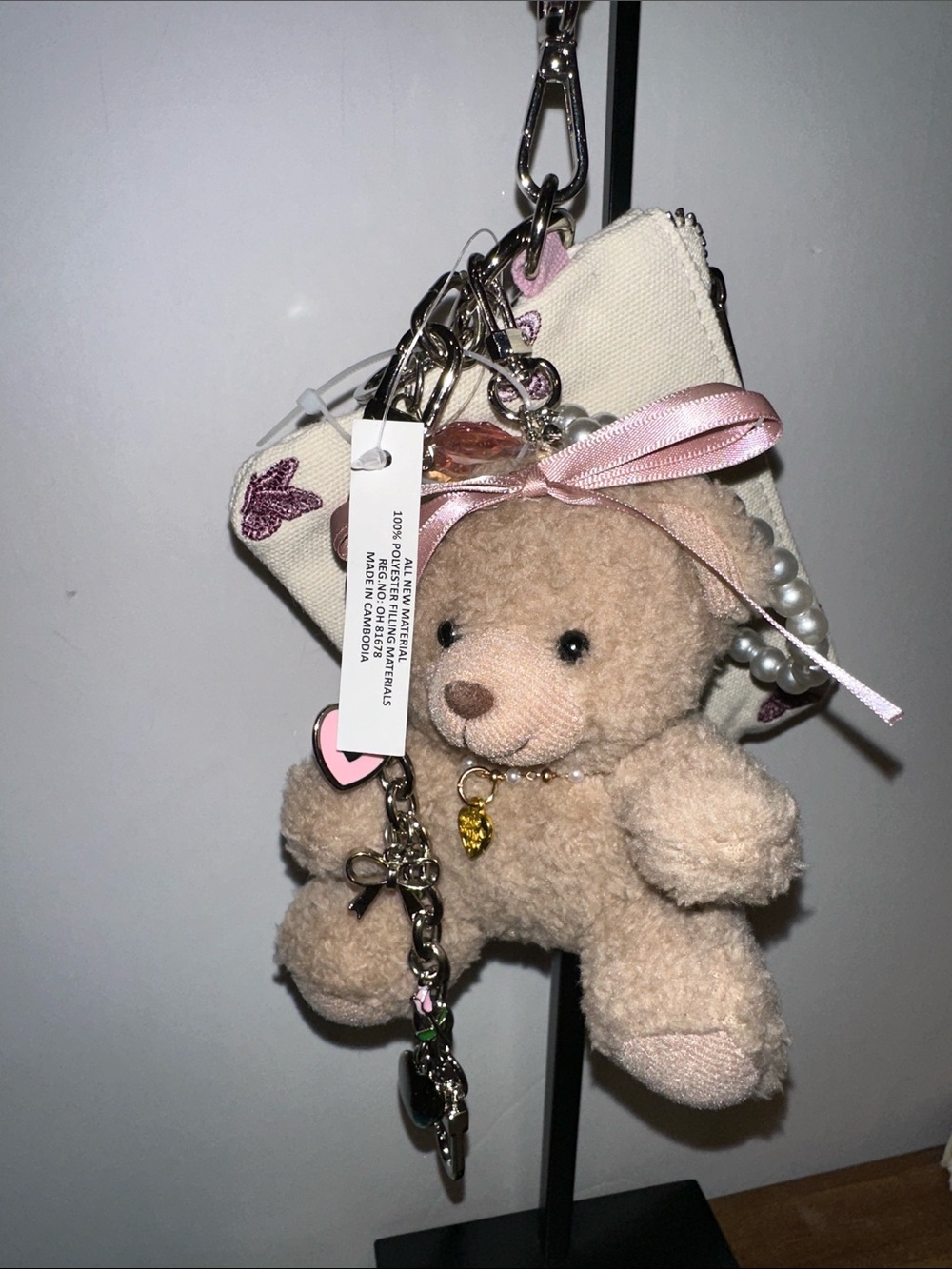 Plush Beige Teddy Keychain with Pink Bow and Charm Accent